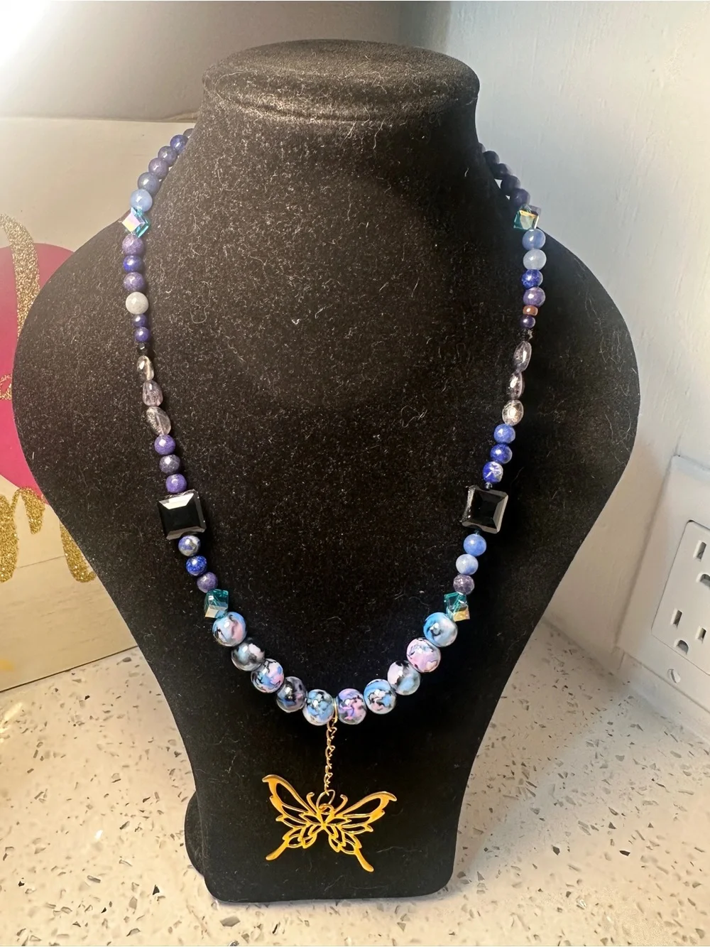 Gold Butterfly Pendant Beaded Necklace - Purple and  Blue Beads